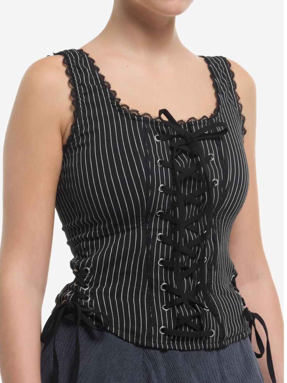 Hot Topic Black & White Pinstripe Lace-Up Corset